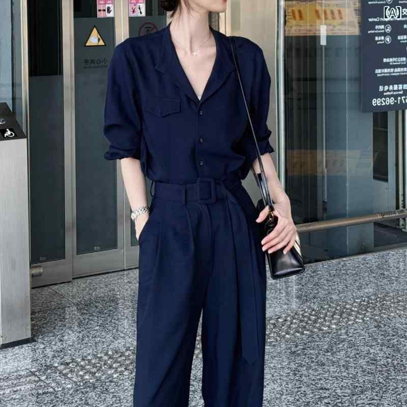 セットアップ レディース Vネック 紺色 シャツ セット 女性 2025 夏服 新 韓国 v ネック 通勤 シャツ高 腰 ストレート パンツ 2点 セット