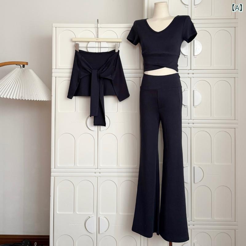 セットアップ レディース Vネック v ネック 半袖 t シャツ &ampamp ハイウエスト マイクロ プルオーバー 子供 &ampamp ストラップ セット レディース