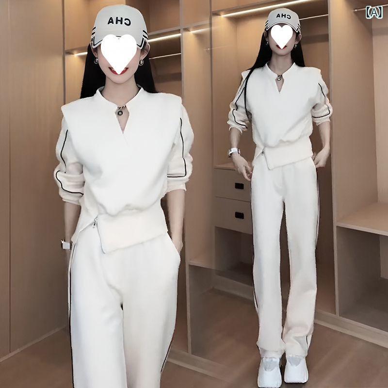 セットアップ レディース Vネック カジュアル スポーツ スーツ 女性 ネットの 赤い ファッションの 新型の 韓国 春秋 v ネックの オープン フォークの 衛 衣のの 商品の 爆発の 2つの セット