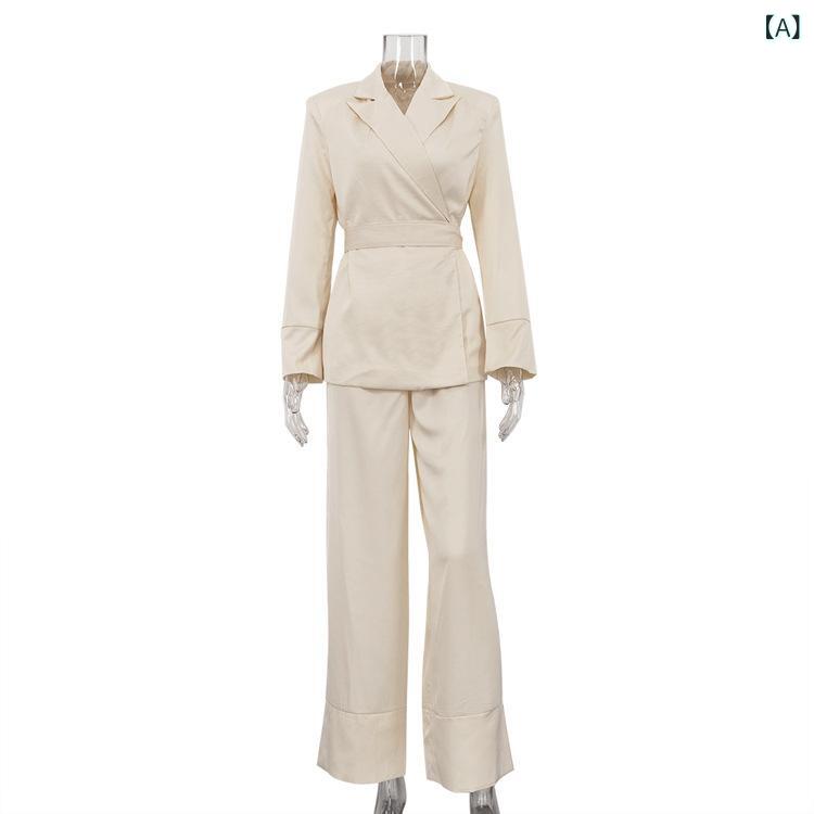 セットアップ レディース Vネック 高級 感 サテン 通勤 スーツ 女性 魅惑的 v ネック 長袖 ストラップ 上着 ゆるい ワイド パンツ 2点 セット