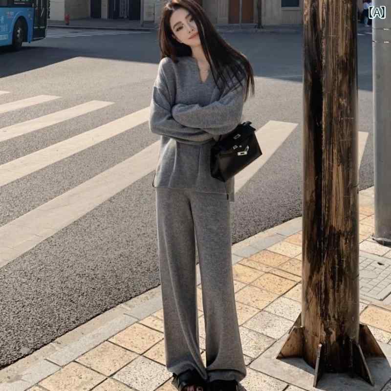 セットアップ レディース Vネック 西 蒙 莱 納の な 風の v ネックの セーターの スーツ レディース 秋冬型のの ゆったりしている ファッションのの メリヤスの 広い 足