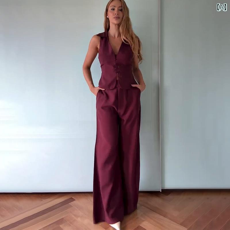 セットアップ レディース Vネック 欧米 のの クロスボーダーのの 婦人服の 新型の 色の v ネックの 袖なしの 露 背の 上着の ポケットの ストレートな ズボンの スーツx2