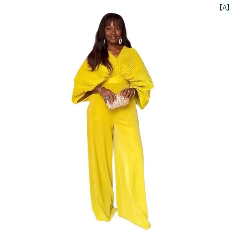 セットアップ レディース Vネック A 7529 欧米の クロスボーダー 婦人服 ファッション タック セット v ネック コウモリ 袖 シャツ ハイウエスト 2点 セット