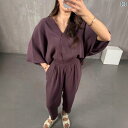 セットアップ レディース Vネック クロスボーダー 婦人服 ファッション カジュアル スーツ 春夏 シワ 感 v ネック 連 袖 ゆるい 上着 ズボン 2点 セットx2