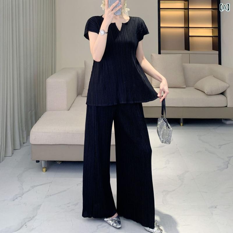 セットアップ レディース Vネック 風 色 しわ v ネック 半袖 カジュアル ワイド パンツ セット