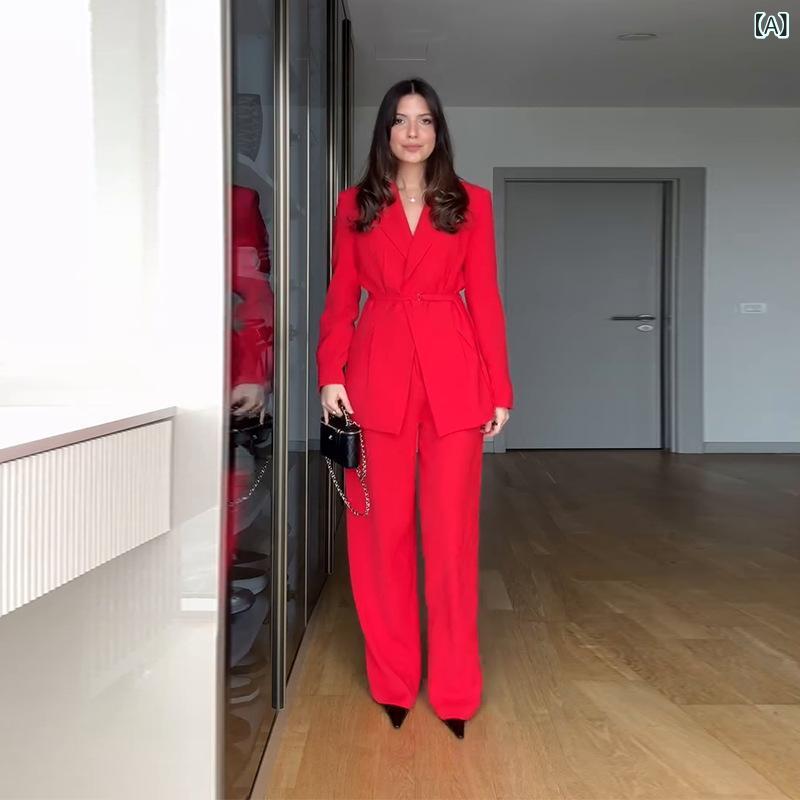 セットアップ レディース Vネック 2025 新型 女装 欧米 クロスボーダー 対外 高級 ファッション v ネック 長袖 コート ワイド パンツ セット