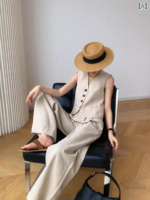 セットアップ レディース Vネック 高 级 感 ノースリーブ v ネック ベスト ファッション スーツ 女性 夏 ベスト ハイウエスト ワイド 脚 モップ パンツ 绵 麻 2点 セット