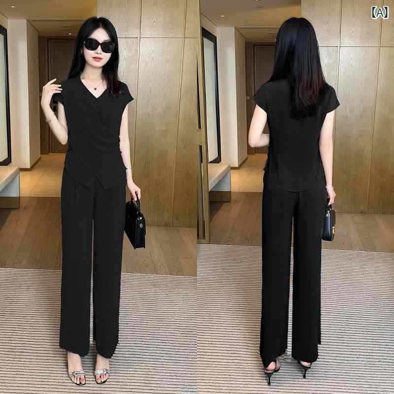 セットアップ レディース Vネック ファッション スーツ レディース 夏の 新型の 洋 気の 対外は やせている v ネックの 半袖の 上着の 広い 足の ズボンの 小さい 体の 2つの セットを 現します。