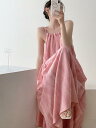 ロングスカート 綿混素材 亜麻 ドーパミン ピンクの ぼかし 染めの ワンピースの レディース 夏は やせている の 大きい スカートの 袖なしの 亜 麻の 長い スカートの 休暇の サスペンダーの スカートを 現します。