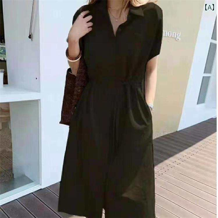 ロングスカート 綿混素材 亜麻 C 007 ゆるい 半袖 POLO 襟 シャツ スカート 単 列 ボタン 付き ポケット 亜 麻 綿 麻 ロング ワンピース
