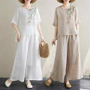 ロングスカート 綿混素材 亜麻 レトロ プリントの 丸 首 セットの レディース 夏の 頭の 麻の シャツ 薄手 広 腿の ズボンは やせている 綿の 麻の 2...