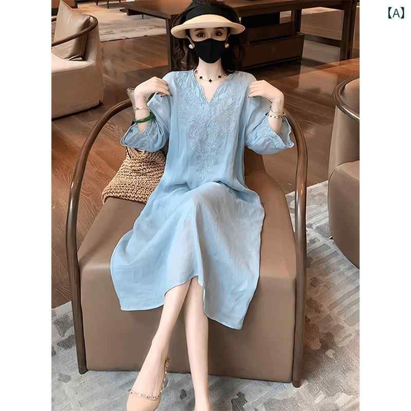 ロングスカート 綿混素材 亜麻 文芸 風 高級 重 工 刺繍 v ネック ワンピース 女性 2025 夏の ゆるい 痩せた 隠れ 肉の ロング スカート 2点 ...