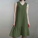 ロングスカート 綿混素材 亜麻 クロスボーダーのの 夏の新 商品の 婦人服の 中で 長い スカートの ゆったりした v ネックの 色の しわの ガーターの ベストの 綿 麻の ワンピース