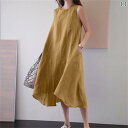 ロングスカート 綿混素材 亜麻 クロスボーダーのの 夏の 丸 首の 長い スカートの 袖なしの 大きいサイズ ゆったりした 色の 長い サイズ 大きいサイズ ベストの 綿 麻の ワンピースの 女性