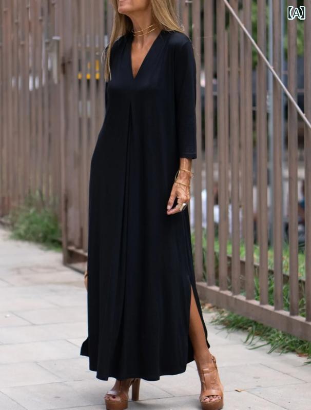 ロングスカート 綿混素材 亜麻 2024 新型 欧米 ファッション 色 v ネック 七分袖 ニット ロング オープン ワンピース