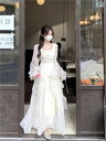 フラワープリント フリルスカート ドレス ウエスト リリーフ フェアリーの ロング スカート スリム スカート オフ ホワイトの 長袖 海辺の 休暇 ビーチ ス...