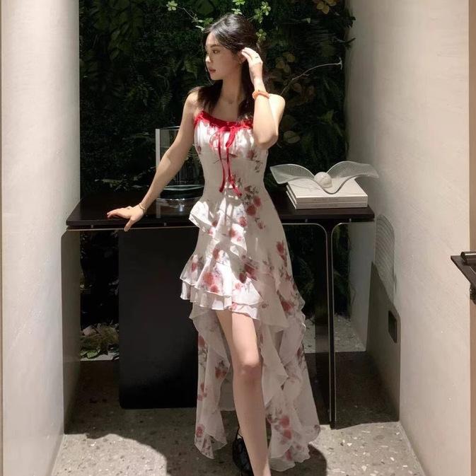 フラワープリント フリルスカート フランス 式の お茶の 休憩の ハスの 葉の 辺の 砕 花の ガーターの ..