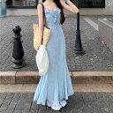 フラワープリント フリルスカート フランスの 優しい 風の 青い 花の ストラップの ワンピースの レディース 春は 腰を 収めて やせています。