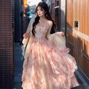ワンピース レディース 春夏 グラデーションプリント フリル ウエストマーク ロング丈 キャミソール カーディガン 2点セット エレガント きれいめ お出かけ フレンチカジュアルx2