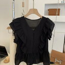 シフォン スカートきれいめ 夏の フランスの フリルの 袖なしの シャツ 短い タイプの 小さい シャツ 上着の 黒い 襟の 小さい 飛 袖の シフォンの 子供の シャツ 女性