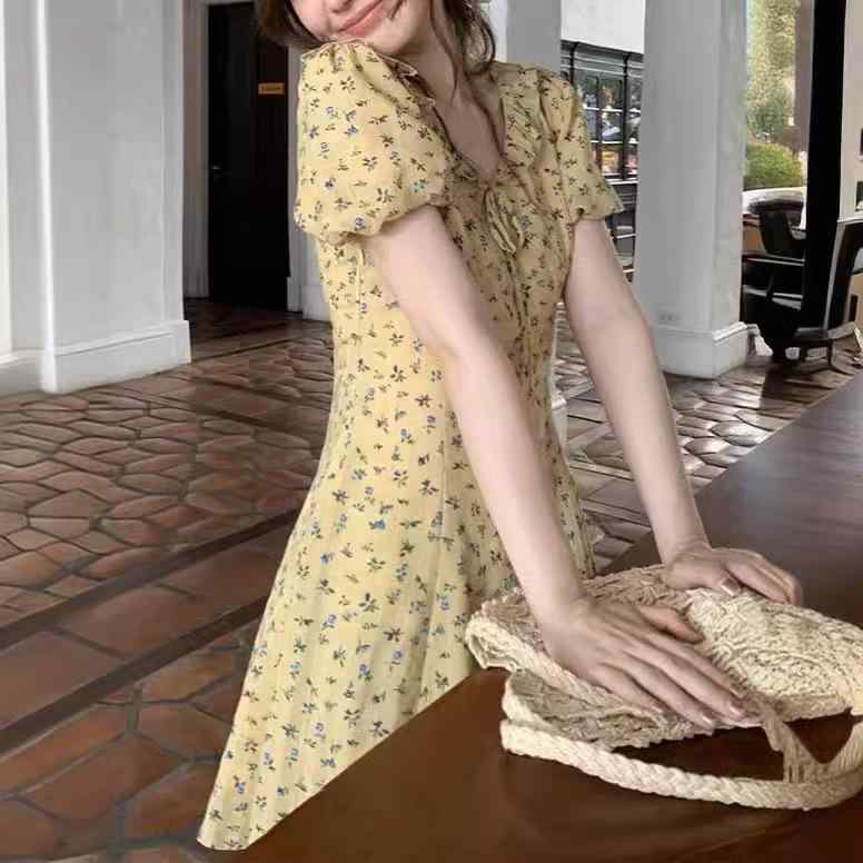 ワンピース レディース ガーリー 春夏 小花柄 Vネック Aライン パフスリーブ ハイウエスト ウエストマ..