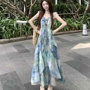 シフォン スカートきれいめ フランス 式の 美しい 独特の 美しい ストラップの ワンピースの レディース 夏の 大衆の 休暇の 油絵は シフォンの ロング スカートを 染めます。
