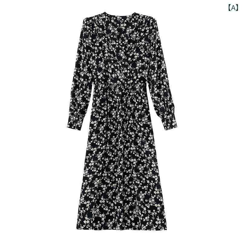 シフォン スカートきれいめ 実 拍 きれい ワンピース 春秋 2024新 女装 泡 袖 v ネック 黒 雪 紡 織 長袖 砕 花 スカート