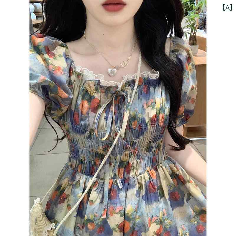 花柄ロングプリーツスカート フラワープリント フランスの 田園 風の 油絵の 少女の 花の 長い スカートの レディース 夏のの 半袖の スカートの 級 感の 初恋の ワンピース