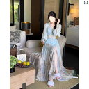 シフォン スカートきれいめ 美しい フランスの レトロ 油絵の 青い 花の ワンピースの リゾート 風の アンドロメダの シフォンのの 夏の ロング スカート