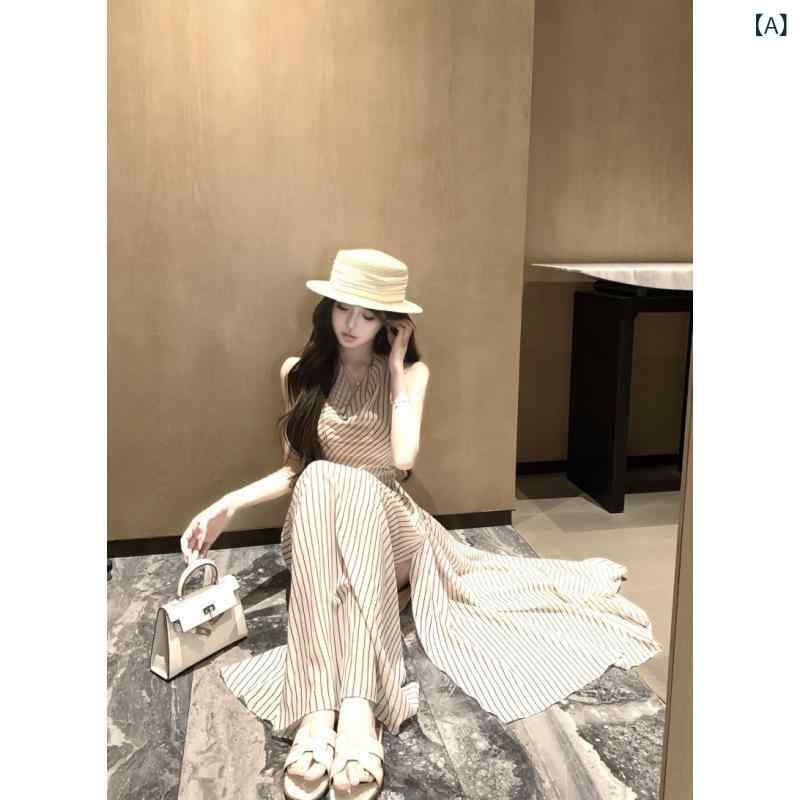 シフォン スカートきれいめ 喬 其の の 紗 杏 色の ストライプは 首の ワンピースの レディースを 掛けます。