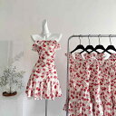 シフォン スカートきれいめ MILLAIDI 休暇は 白い レトロ 赤い 花の ワンピースが 腰の 夏の 美しい 袖の スカートを 収めます。