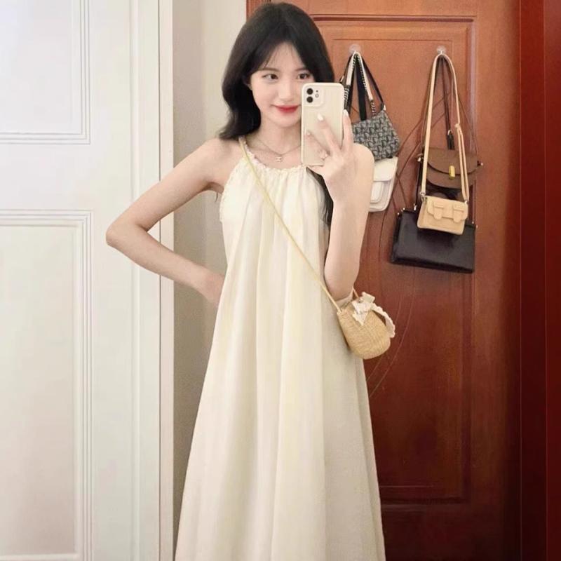 シフォン スカートきれいめ フランスの 優しい 夏の 甘美な の スカートの 女性は 腰の 独特な 袖なしの 首の ストラップの ワンピースの 小さい 背を 収めます。