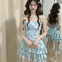 シフォン スカートきれいめ 海辺の 休暇 ブルー サスペンダー ドレス レディース 夏の 2025 不規則な ウエスト プリンセス ケーキ チュチュ スカートx2
