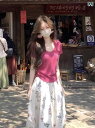 花柄ロングプリーツスカート フラワープリント フランスの 甘美な 砕 花 a 字は 腰の 白い プリーツの 半身の スカートの レディース 夏の 新型の 小さい 背の 中で 長い スカートを 緩めます。