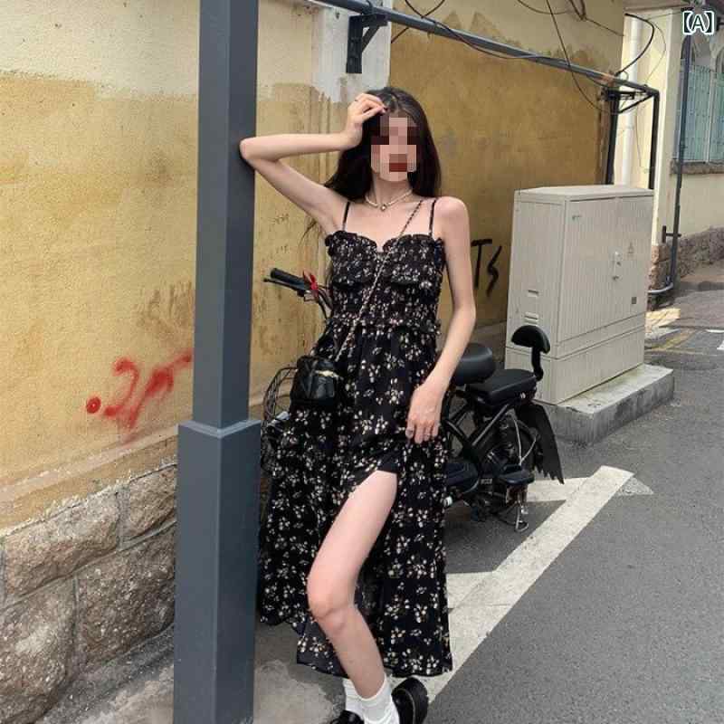 花柄ロングプリーツスカート フラワープリント 2025 春の 新型の お茶の 休みの スカートの 砕 花の 胸の ワンピースの レディース中で 腰を 収めて フォークを 切って 黒い 長い スカートを 掛けます。