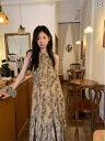 花柄ロングプリーツスカート フラワープリント フランスの レトロ 首の 花を 掛けて 腰を 収めて やせている の ワンピースの 女性 2025 夏の 袖なしの 水墨の ストラップの 長い スカート