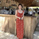 花柄ロングプリーツスカート フラワープリント 茶 休 フランスの 赤い 花の ストラップの ワンピースの 子供の 夏の 2025年の 新型の 海辺の 休暇の ビーチの ロング スカート