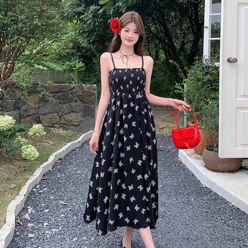 花柄ロングプリーツスカート フラワープリント 小 香 風 韓 系 スーツ スカート 女性 夏 スーツ 短い カーディガンの 上着の 花の 中の 長い サスペンダ...