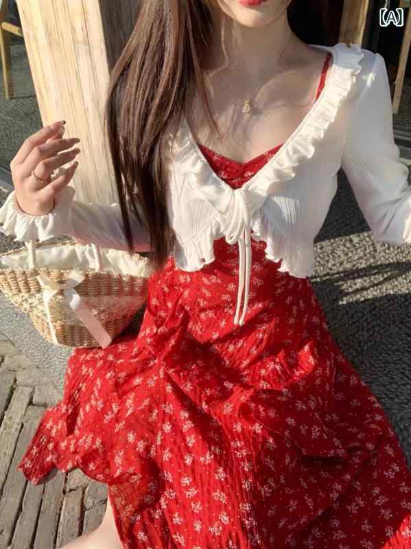花柄ロングプリーツスカート フラワープリント 小柄な 人向け 海辺の 休暇 なの 花柄 スカート 美しい 赤い の サスペンダー スリット ロング スカート 女...
