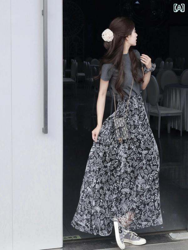 花柄ロングプリーツスカート フラワープリント 2024 新型の 初春は 高級 感の ある 減 齢 t シャツ 半身 スカート ファッションの 2 セットの 女性...