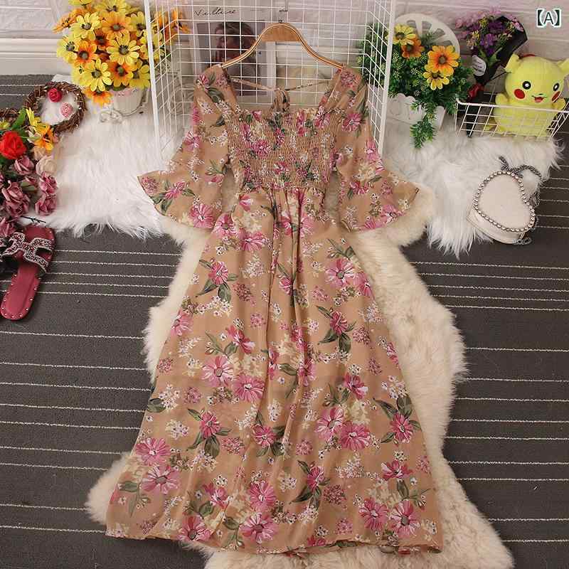 花柄ロングプリーツスカート フラワープリント 海辺の リゾート ビーチ スカート 女性 フレンチ レトロ 襟の 花の ワンピース