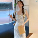 花柄ロングプリーツスカート フラワープリント フランス 風の 花の 小さい 飛 袖の 方 襟の ワンピースの 子供の 夏の 2025 新型の 修身は やせている の 休暇の 長い スカートを 現します。