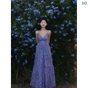 花柄ロングプリーツスカート フラワープリント 大きいサイズ フランスの 青い 花の ストラップの ワンピースの レディース 夏の の v ネックの 露 背の 休暇の 海辺の ビーチの ロング スカート