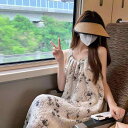 花柄ロングプリーツスカート フラワープリント フランスの 夏の ゆるい 袖の ない 水墨の 花の 首の ストラップの ワンピースの レディース 海辺の 休暇の 砂浜の 長い スカートの 潮