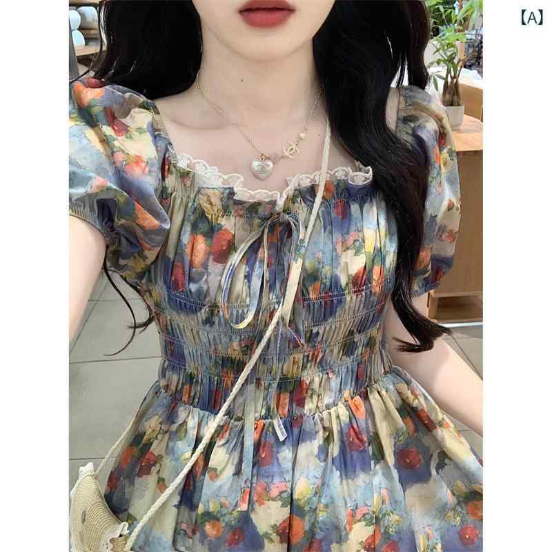 花柄ロングプリーツスカート フラワープリント フランスの 田園 風の 油絵の 少女の 花の 長い スカートの レディース 夏のの 半袖の スカートの 高級 感の 初恋の ワンピース