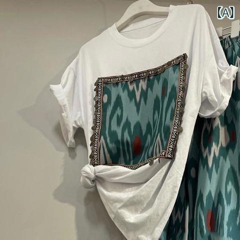 ロング丈tシャツ ワンピ ロンT 冷感 レディース 新型 ワイド パンツ高 腰 垂 感長 ズボン レトロ プリント 半袖 t シャツ 女装 夏 カジュアル ファッション 2点 セット