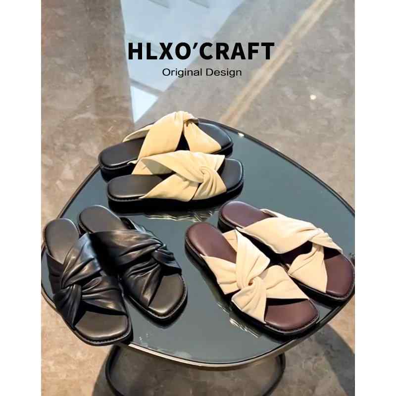 Holly'S Sole - スライドサンダル ローヒール 夏 サマー ファッション カジュアル オシャレ 女性 レディース シープスキン ツイスト 快適 屋外 フラット