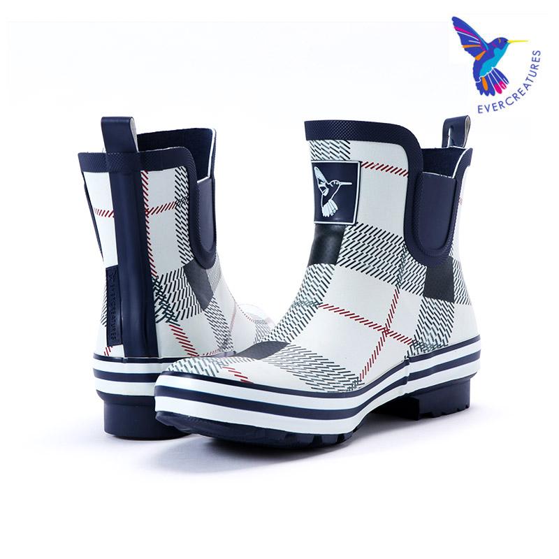 レインブーツ ショート丈 長靴 雨 防水 ウォーターシューズ カジュアル ファッション チェック柄 ストライプ おしゃれ 高級感