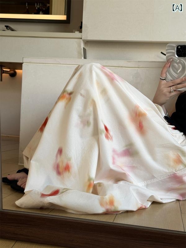 レディース Aライン フローラル アンブレラ ロング フラワー スカート 春夏 フレンチ ホリデー レトロ カジュアル おしゃれ ファッション プリント アプリコット