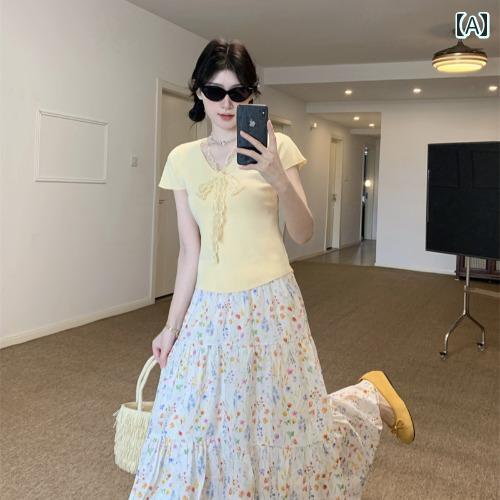 レディース トップス 半袖 ロング ショート フラワー スカート ハイウエスト 2点セット 大きいサイズ レース 韓国 レイヤード カジュアル おしゃれ ファッ...